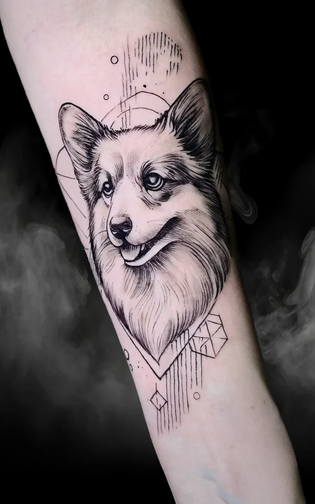 Černobílé tetování hlavy psa corgiho s geometrickými prvky na paži.