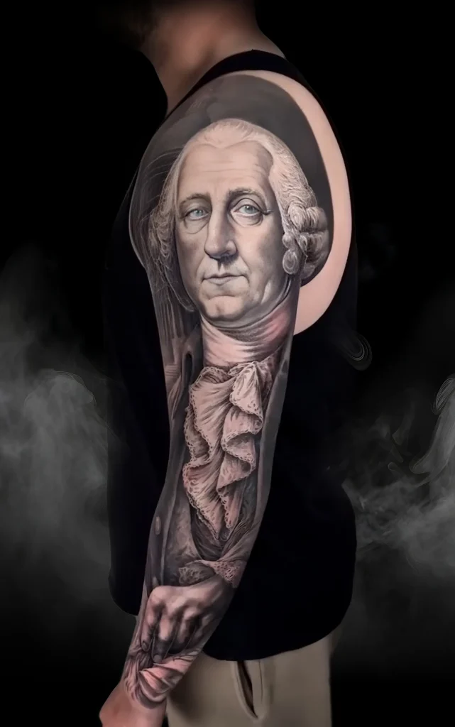 Realistické portrétní tetování George Washingtona na paži od Mads Thill v Magic Tattoo.