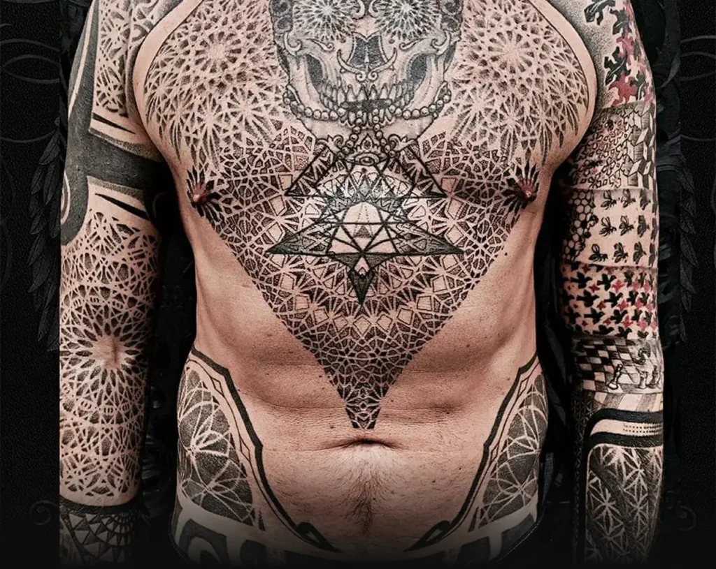 Detailní geometrické Tetování Komplet s motivem lebky od tetovací studio MagicTattoo.