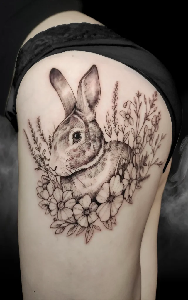 Detailní tetování králíka s lučními květy na stehně od tatérky Yany v Praze.