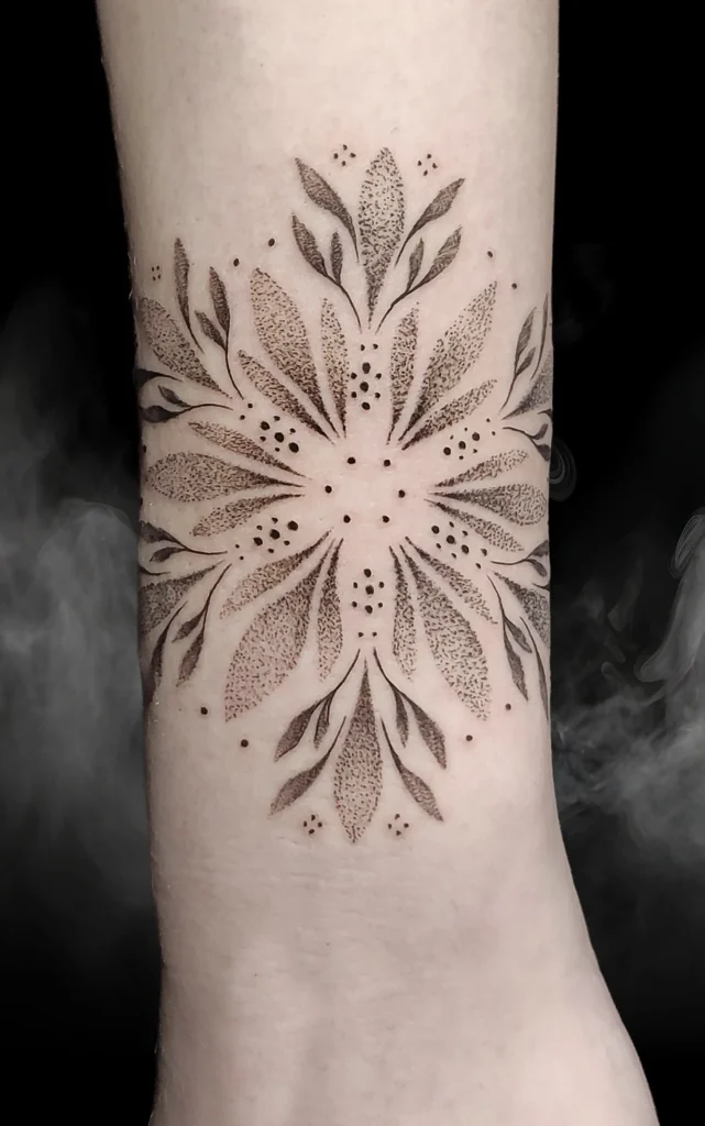 Ornamentální mandala tetování v Praze vytvořené tatérkou Yanou ze studia Magic Tattoo.